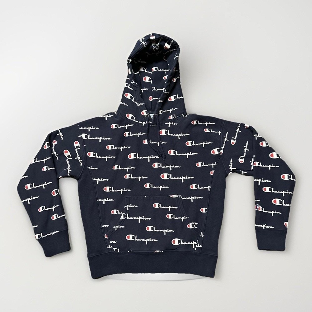 Champion Reverse Weave Men's Medium Blue Spellout All Over Print AOP Crew